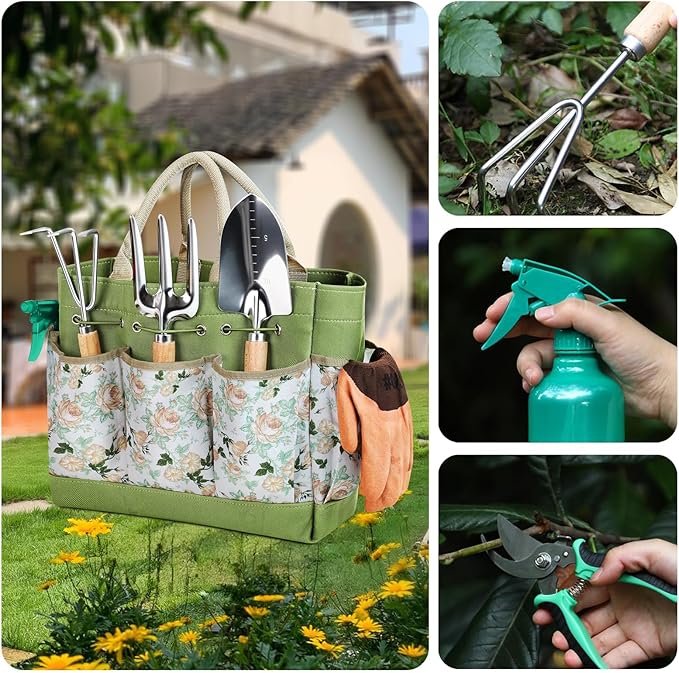 APSARAS USA Gardening Tools 9-Piece Heavy Duty Gardening Tool Set with Fashion and Durable Garden Tool Set Organizer Handbag,Rust-Proof Garden Tools, Ideal Gifts for Women