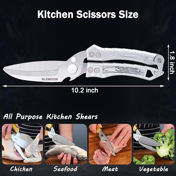 Kitchen Shears Heavy Duty Poultry Shears for Bone,Chicken,Turkey,Meat,Fish and Pizza Cutting Board Kitchen Scissors All Purpose for Food Ideal for Chef and Home Cooking,Dishwasher Safe Silver