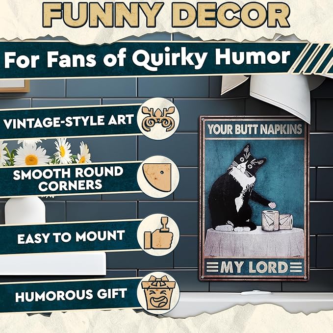 Funny Cat Bathroom Sign – “Your Napkin My Lord” 12 x 8 inch Tin Sign, Rustic Black Cat Wall Decor for Home, Farmhouse Bathroom Metal Plaque, Vintage Cat Wall Art for Toilet or Guest Bath