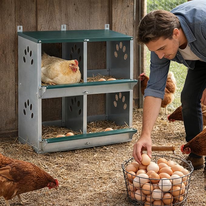 3/4 Compartment Chicken Nesting Boxes, Metal Wall Mount Chicken Egg Laying Box with Roll Out Egg Collection, Galvanized Steel Chicken Nesting Box for Laying Hens, Easy to Clean & Assemble (4-Hole)