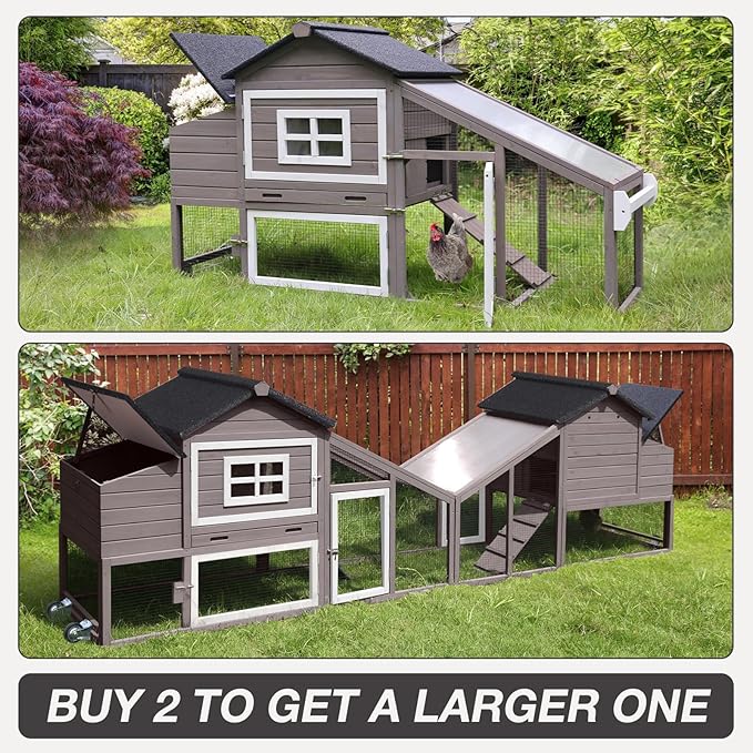 Chicken Coop Expandable Chicken House for Outdoor with Wheels Nesting Box, Leakproof Pull-on Tray, and UV-Resistant Roof Panel - Brown