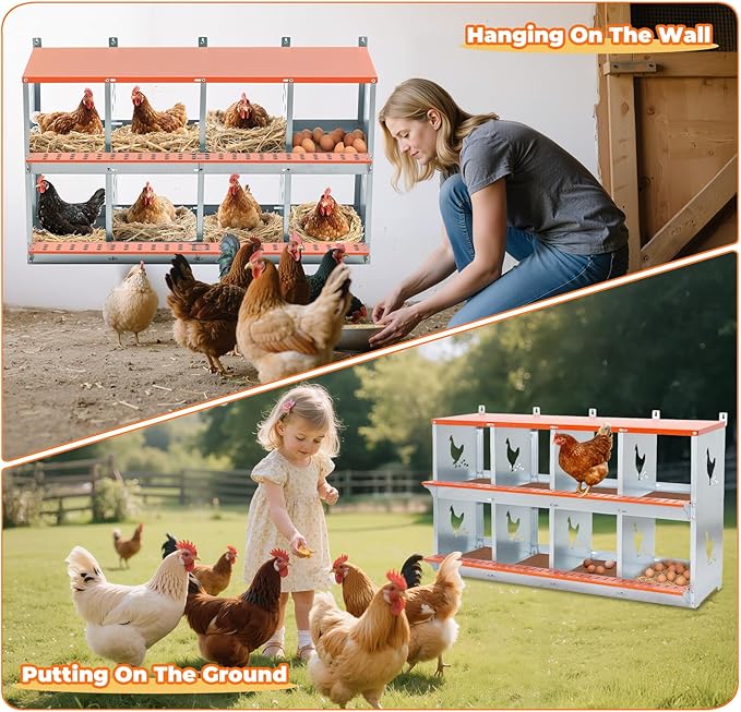 Chicken Nesting Box, 8 Compartment Metal Nesting Boxes for Chickens, Wall Mountable Chicken Laying Boxes, Easy Egg Collection, with Nesting Pads, Indoor & Outdoor Use, 42.5" L x 17" W x 25" H