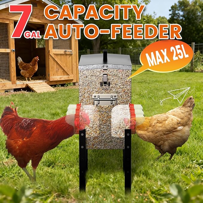 7gal Large Automatic Chicken Feeder - 6 Port No Waste Poultry Feeder, Rust-Proof Alloy Steel with Locking Lid & Adjustable Legs for Chickens, Ducks, Geese, Poultry