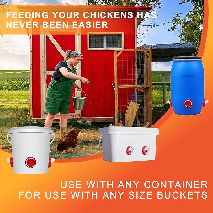 Chicken Feeders No Waste, DIY Automatic Poultry Feeder 8 Ports 1 Hole Saw with Covers Gravity Feed Kit for Buckets Barrels Bins Troughs