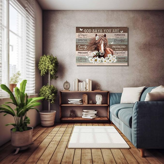 Motivational Horse Decor Wall Art For Girls Room Farmhouse Horse Daisy Wall Decor Western Bible Verse Animal Pictures Canvas Prints Painting Framed Modern Artwork For Bedroom Living Room 16"X20"