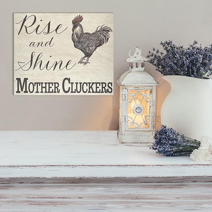 JennyGems Rise and Shine Mother Cluckers Wood Sign - Funny Farmhouse Chicken Decor, Made in USA