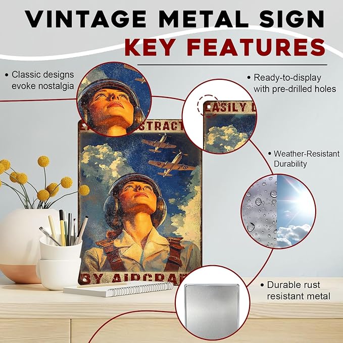 Airplanes Sign for Home Decor Easily Distracted By Airplanes Vintage Metal Poster Retro Art Decor for Backyard Garage Man Cave Shed Office Craft Room 12x16inch