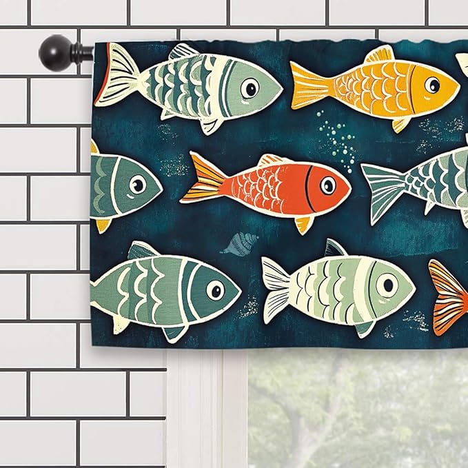 Colorful Fish Kitchen Curtain Valance 54W x 18L Inch Vibrant Funny Vintage Retro Rod Pocket Short Cafe Small Window Treatment Drapes Decor
