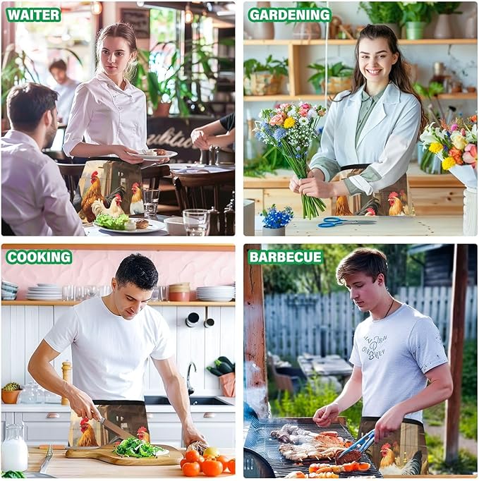 Farm Chicken House 3-Pocket Server Apron Professional Waist Apron for Waitress, Bartender & Restaurants, Water-Resistant Half Apron for Men Women
