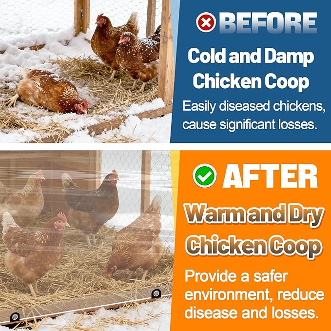 2pcs 4x10ft Chicken Coop Covers Accessories for Winter - Easy to Install Waterproof Chicken Run Tarp with Elastic Cords & Ropes