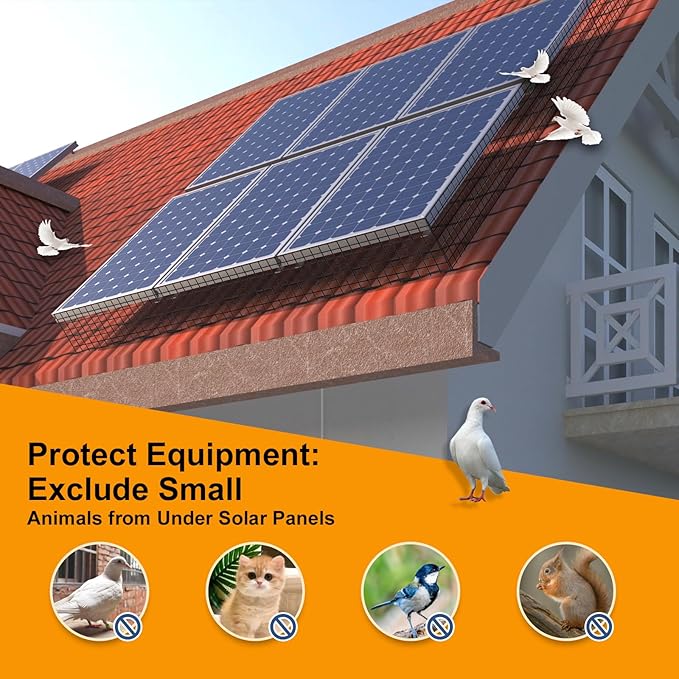 Critter Guard for Solar Panel Bird Mesh 8 inches x 100 feet PVC Coated 1/2 inch Bird Net with 70 Sets of Fastening Clips Pliers Pigeon Solar Panel Bird Guard Kit Roof Solar Protective net