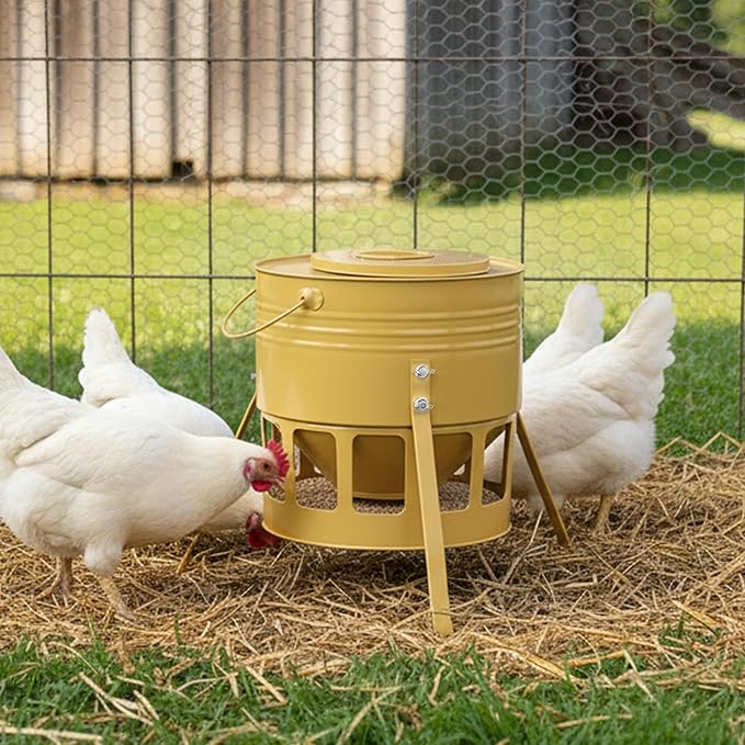 KOL Metal Chicken Feeder - 20lbs No Waste Chicken Feeder with 12 Ports, Powder Coated Rust-Proof Design & Smooth Edges for Safe Feeding (Yellow)