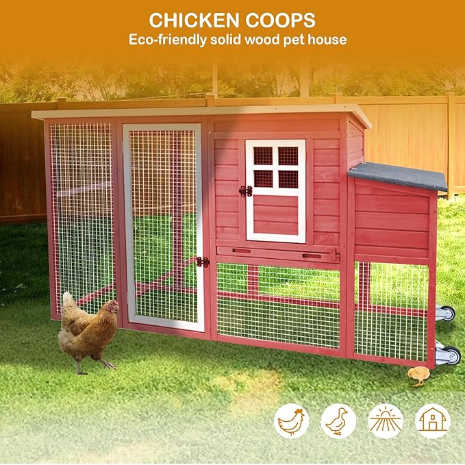 Chicken Coop Solid Wood with Large Run Cage 2 Stories - Asphalt Roof, Nest Box, Pu Wheels, Pole Chicken Perch