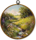 shiviody Rustic Wildflower Canvas Wall Art Decor, Countryside Floral Landscape Wall Decor, Wild Fields Floral Round Hanging Frame Prints Decorations for Farmhouse Living Room Bedroom 10"x10"