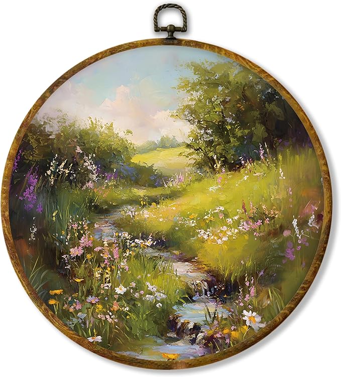 shiviody Rustic Wildflower Canvas Wall Art Decor, Countryside Floral Landscape Wall Decor, Wild Fields Floral Round Hanging Frame Prints Decorations for Farmhouse Living Room Bedroom 10"x10"