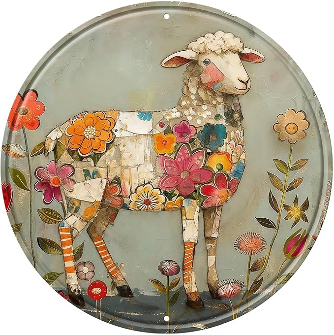 Sheep Round Metal Tin Sign Wreath Farm Flowers Rustic Vintage Wall Art Decor for Garden Farmhouse Front Door Porch Entryway Outdoor Wall Art Decor 12x12inch