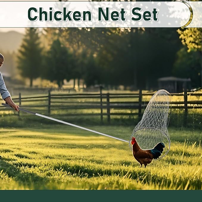 Flehomo Chicken Catcher Set, Chicken Catching Net with Leg Hook & Telescopic Pole, Adjustable from 32.5" to 74", 16 x 24 Inch Net, Chicken Coop Accessories Suitable for Outdoor Poultry Catching
