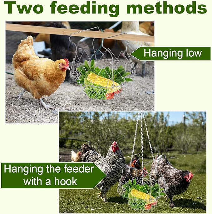 BOXOB Adjustable Hanging Chicken Feeder, Large Foldable Poultry Vegetable Fruit Chick Feeding Drinker Basket with Chain Chicken Treat Holder Coop Accessories Toy for Your Hens Ducks Rabbits