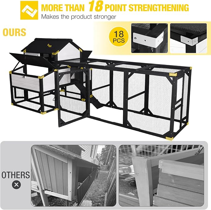 Aivituvin Extra Large Chicken Coop for 8-10 Chickens, Reinforced Structure Outdoor Wooden Chicken House with 6 Nesting Boxes, Extended Run, Waterproof Roof, Iron Edge, Black, 118" L x 26" W x 50" H