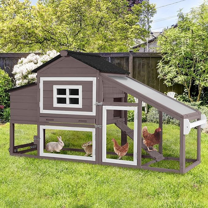 Chicken Coop for 4 Chickens, Mobile Chicken House with with Wheels, Outdoor Hen House Poultry Cage with Nesting Box, Leakproof Pull Out Tray and UV-Resistant Roof (67.3" L x 29" W x 39.4" H-B)