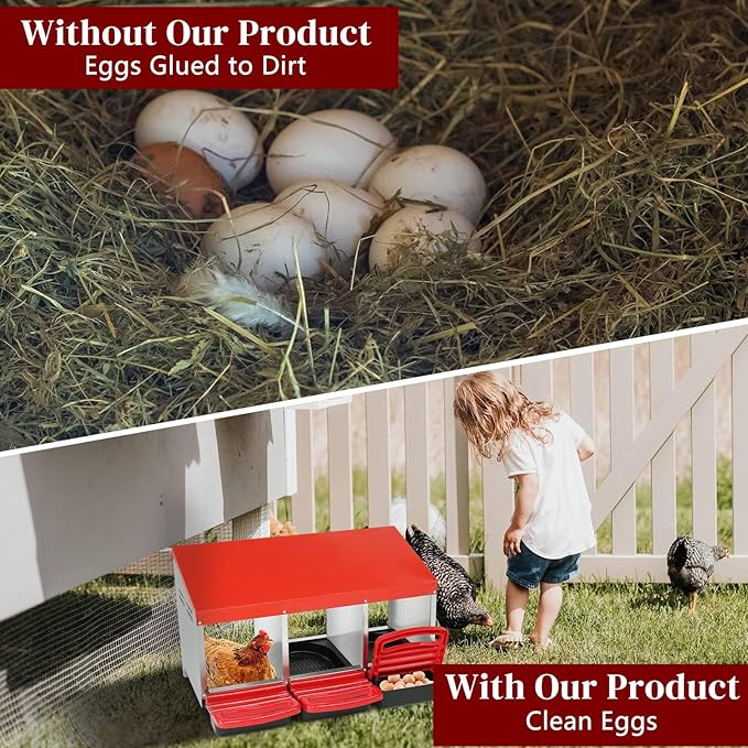 3-Compartment Chicken Nesting Boxes with Perch Cover, Roll Out Brooder Box for Chicks, Pull Out Egg Collection Tray and Protection, Durable Steel & Plastic Construction, Chicken Coop (Red)