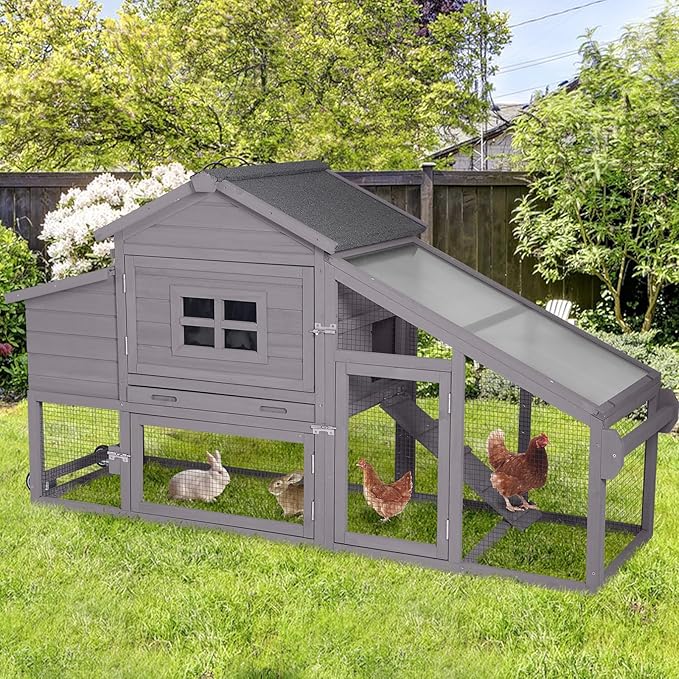 Mobile Chicken Coop with Wheels, Outdoor Hen House with Leak-Proof Tray, UV-Resistant Roof & Nesting Box for Chickens, Ducks, Rabbits (Grey)