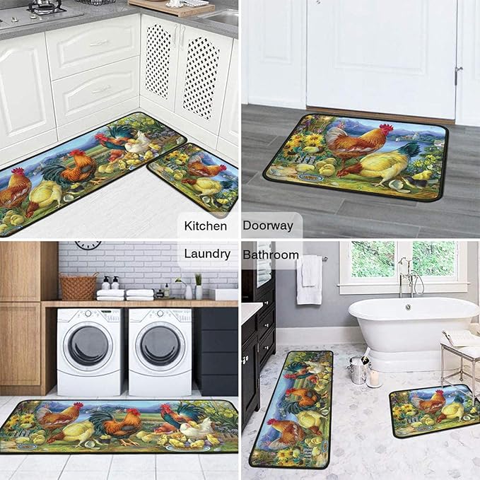 Rooster Kitchen Rug Decor 2 Pieces Set Farmhouse Style Kitchen Mat Washable Runner Rug Chicken Sunflower Decoration Indoor Floor Mat 17" x 47" + 17" x 30"