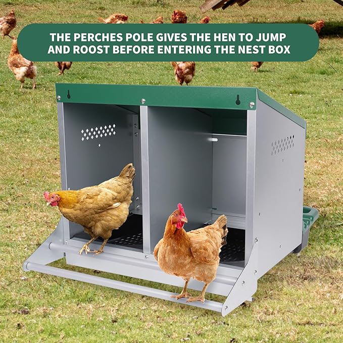 Chicken Nesting Box, 2 Holes Nesting Boxes, Heavy Duty Metal Laying Boxes, Roll Away Nesting Box Egg Collection Tray, with Roosting Pole for Chicken Coop(Green)