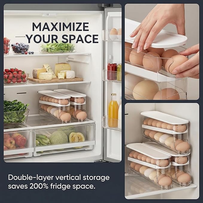 Auto-Rolling Egg Dispenser with Lid - Transparent Fridge Egg Organizer, Space-Saving Refrigerator Storage Box with Slide Design for Side Door, Stackable & Easy Access (1 Pack)