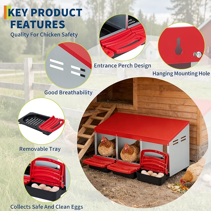 GarveeHome Chicken Nesting Boxes, 3 Compartments Metal Chicken Laying Box with Swing Perch, Roll Out Egg Collection with Large Vented Holes for Chickens, Hens, Large Egg Laying Boxes