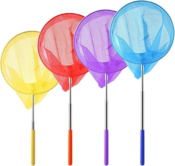 Coopay 4 Pack Telescopic Butterfly Nets Catching Insects Bugs Fishing Nets Great Outdoor Tools for Adults Playing - Extendable from 14.6" to 33.4", Yellow, Blue, Purple, Red