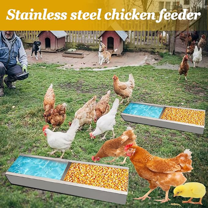 2 Pack Multifunctional Chicken Feeder, Hanging Chicken Feed Trough, Stainless Steel Trough, Chicken Feeder and Waterer Set, for Poultry Livestock. (40 * 11 * 7cm)