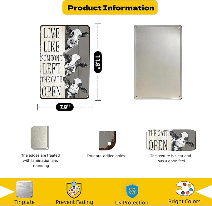 Funny DIY Magnetic Attraction,Vintage Cow Decor Sign Live Like Someone Left The Gate Open Tin Sign for Home Bedroom Bathroom Wall Farm Fence Decor 8x12 Inch (Dark Grey Beige)