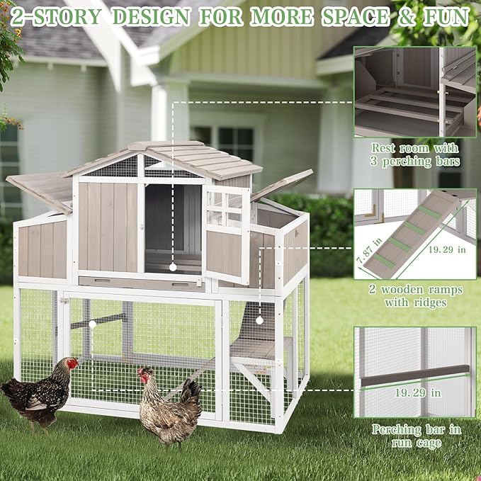 56.03" L 2-Story Chicken Coop with Run,Fir Wood Chicken House Hen House with 2 Large Nesting Boxes,Expandable Poultry Cage for 2-4 Chicken with 4 Perching Bars,Pull-Out Tray,Ramps