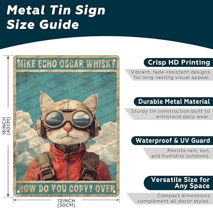 Cat Pilot Mike Echo Oscar Whisky Cat Lover Metal Tin Sign Poster Wall Plaque Vintage Bathroom Warn Man Cave Bar Kitchen Farm Yard Garden Garage Club Metal Tin Signs Wall Decor 16x12 Inch