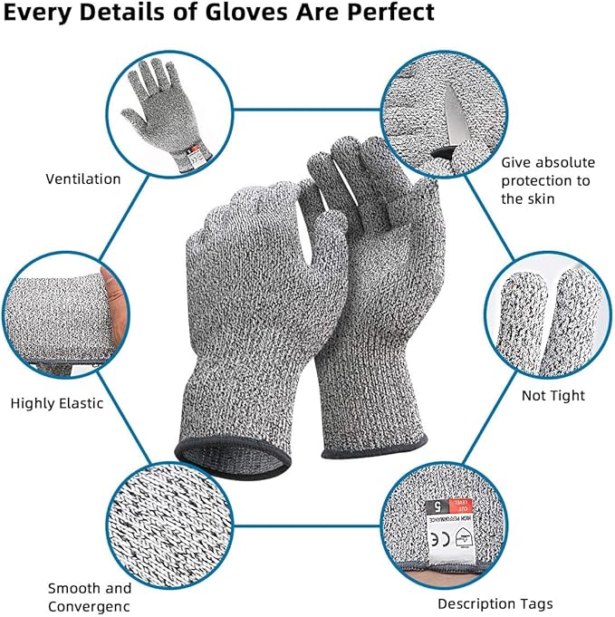 DEYAN Cut Resistant Gloves, Level 5 Protection Safety Cutting Gloves, Kitchen Cuts Glove for Chef Oyster Shucking, Mandolin Slicing, Meat Cutting and Wood Carving(Small-2 Pairs)