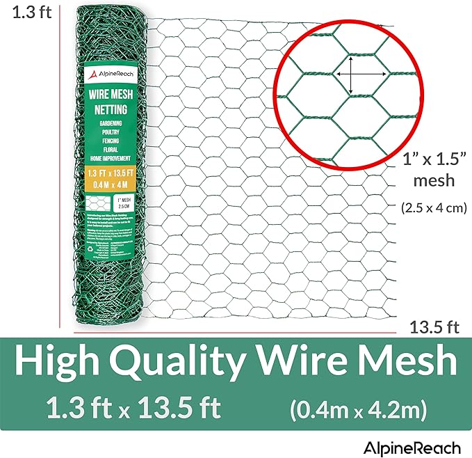 AlpineReach Chicken Wire 1.3ft x 13.5ft Fencing for Poultry, Crafts, Floral Arrangements, Zip Ties - Green Mesh Roll Galvanized Hexagonal PVC Coated Garden Netting for Gardening Fence (15.6" x 162")