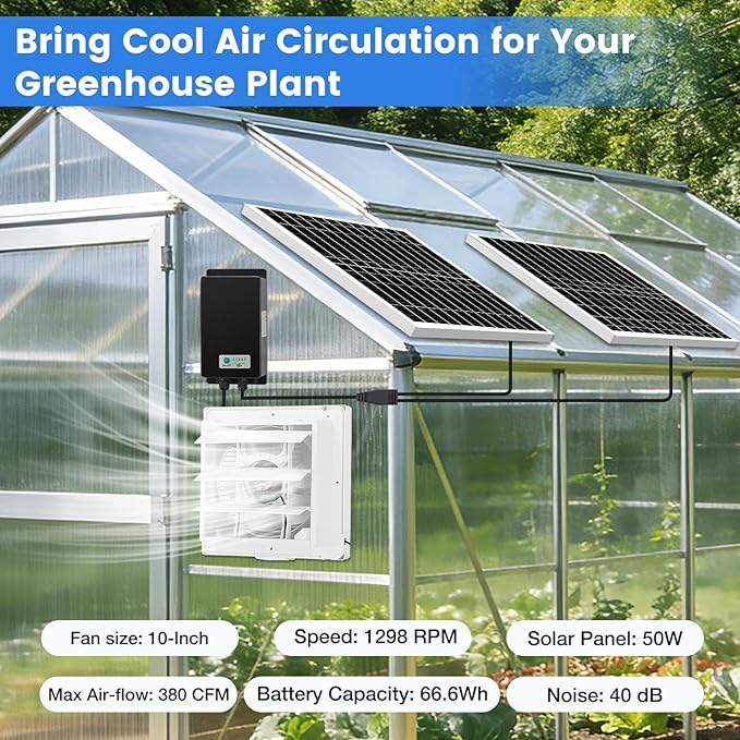 Solar Exhaust Fan, Solar Powered Vent Fan Kit for Outside Greenhouse Shed Chicken Coop (10" Fan with Battery)