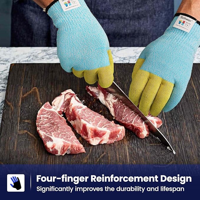 Schwer SlicePro Patented Cut Resistant Gloves AR1345 with ANSI A9 Reinforced 4 Fingers, Food Grade & Touch Screen Cutting Gloves Without Fiberglass, Suit for Kitchen Meat Cutting, Oyster Shucking, S