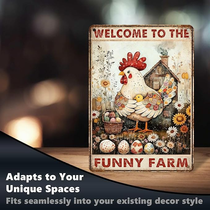 Chicken Metal Sign Chicken Coop Metal Decor Welcome To The Funny Farm Tin Signs Vintage Farmhouse Poster Rustic Wall Decor For Home Farm Poultry House Cafe Kitchen Bar Yard Gate 16 * 12 In
