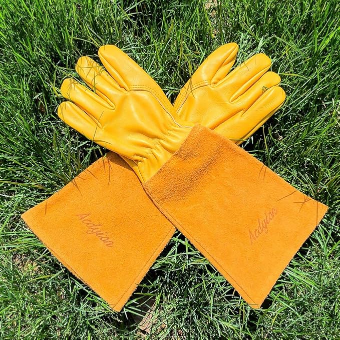 Acdyion Thorn Proof Gardening Gloves for Men & Women, Long Cowhide Leather Rose Pruning Gloves with Forearm Protection, Puncture Resistant Gauntlets for Cacti, Blackberries & Yard Work(yellow,Medium)