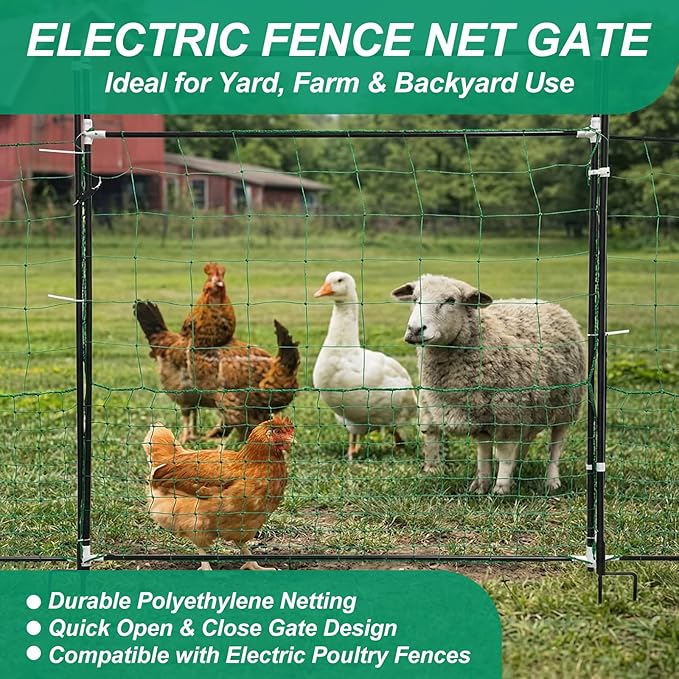 Leinuosen Electric Poultry Netting Gate, 50" H x 37" L Electric Chicken Fence Gate, Portable Poultry Nets Fence Kit for Chickens, Ducks, Turkeys, Sheep, Geese in Yard, Farms, Backyards, Garden