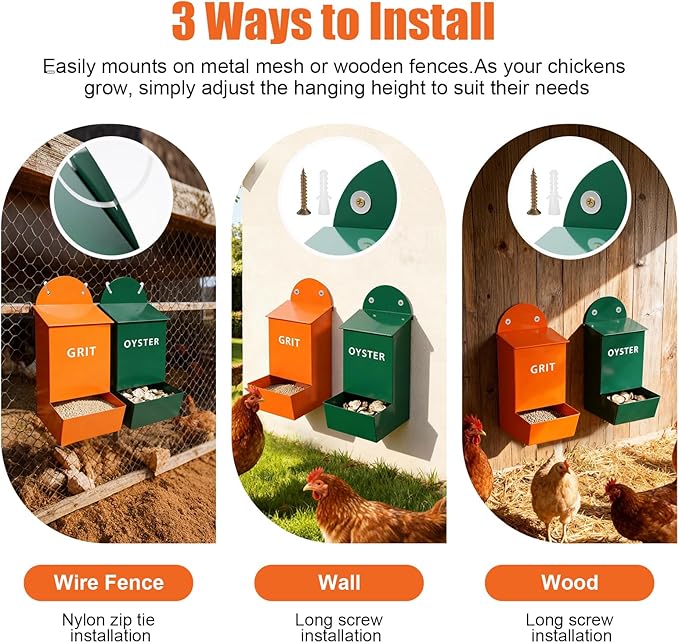 2Pack Chicken Grit and Oyster Shell Feeder,Heavy-Duty Metal Chicken Feeder with Lid Coop Accessories Supplies Hanging Gravity Poultry Feeders Trough for Strong Eggs