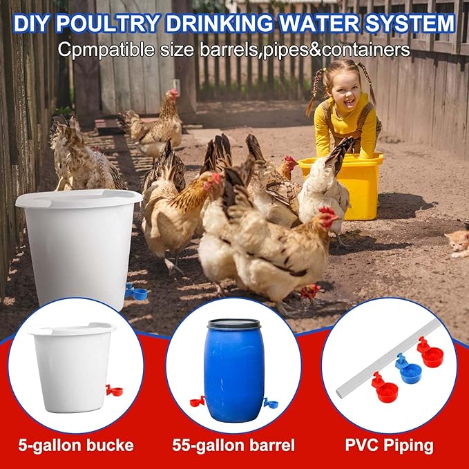 Tanlade 12 Packs Chicken Waterer Chicken Feeder, Automatic Waterer Kit for Poultry Duck Goose Turkey Bunny (Red,Blue)