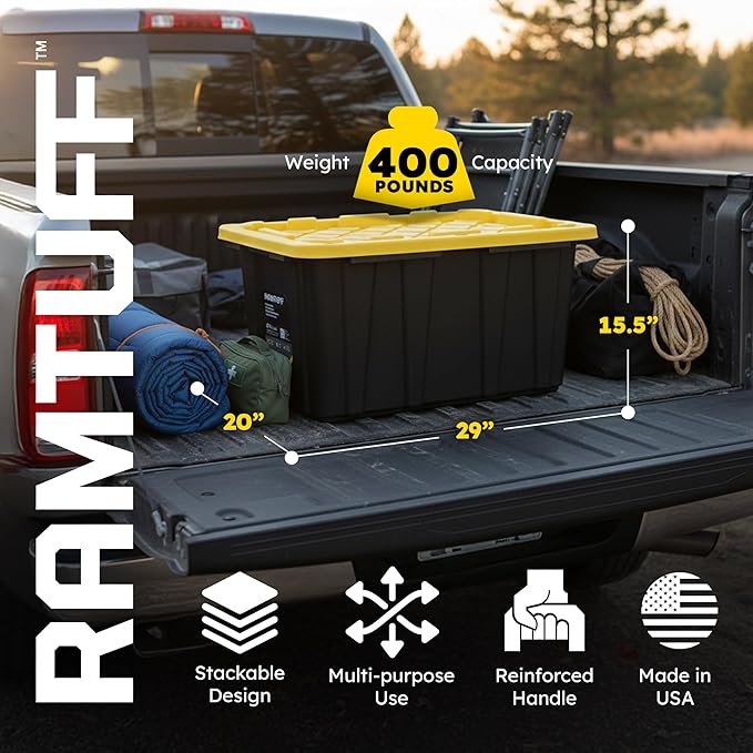 Ramtuff 4 Pack Heavy Duty Stackable Storage Container with Snap-Tight Lid, Resistant To Weather Organization Tote, 27 Gallon, Black and Yellow