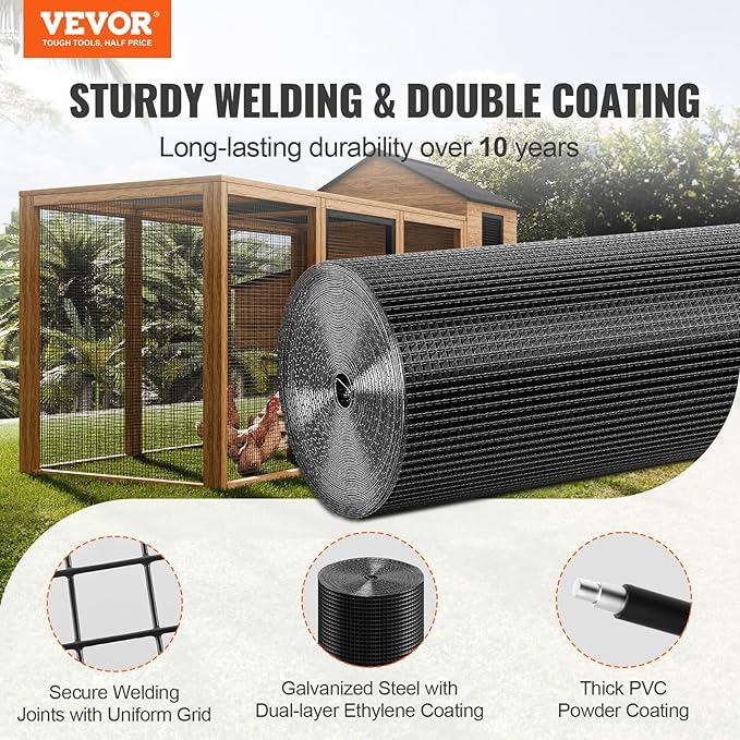 VEVOR Hardware Cloth, 36'' x 50' 1/2 inch Galvanized Wire Mesh Roll, 19 Gauge Chicken Wire Fencing Roll, Vinyl Coating Metal Wire Mesh for Chicken Coop Barrier, Rabbit Snake Fences, Poultry Enclosures