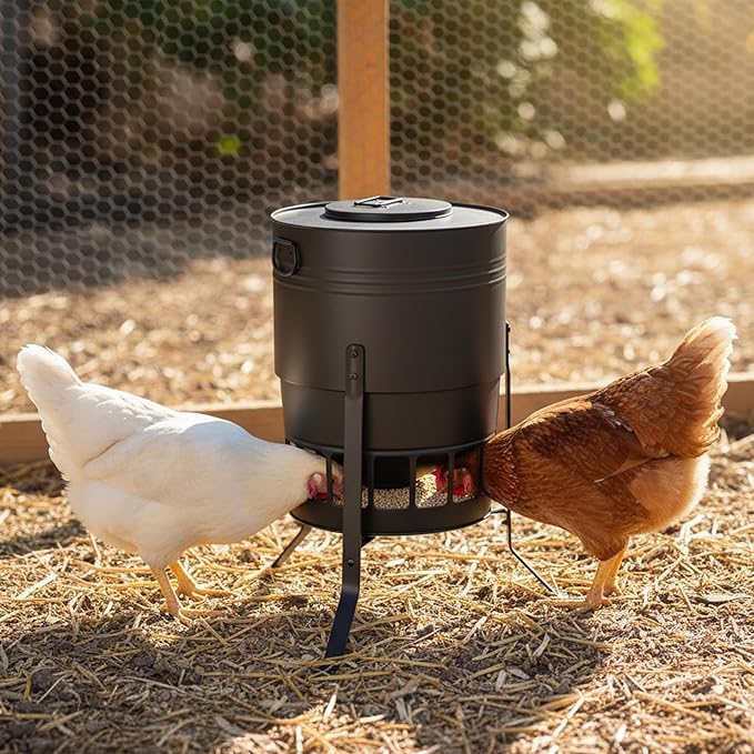 KOL Chicken Feeder No Waste for Coop & Outdoors, 16 Port 50lbs Poultry Feeder with Spill-Control Design, Rust-Proof Powder Coated Metal & Smooth Safe Edges (Black)