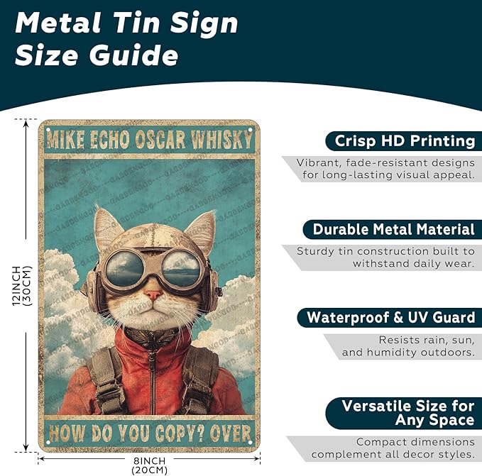 Cat Pilot Mike Echo Oscar Whisky Cat Lover Metal Tin Sign Poster Wall Plaque Vintage Bathroom Warn Man Cave Bar Kitchen Farm Yard Garden Garage Club Metal Tin Signs Wall Decor 12x8 Inch