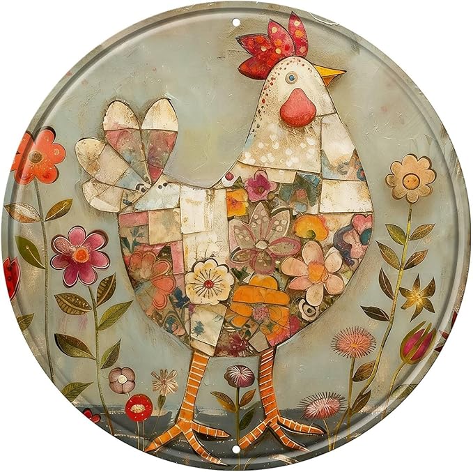 Chicken Round Metal Tin Sign Wreath Farm Flowers Rustic Vintage Wall Art Decor for Farmhouse Home Kitchen Garden Office Backyard Patio 12x12inch
