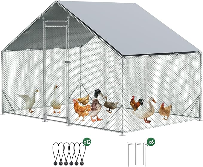 Large Metal Chicken Coop 10X6.7X6.56FT Metal Chicken Run Lockable Door for Outdoor Farm Use with Waterproof and Anti-UV Cover for Rabbit Duck Hen for 6-10 Walk-in Duck Coop Run Heavy Duty Backyard